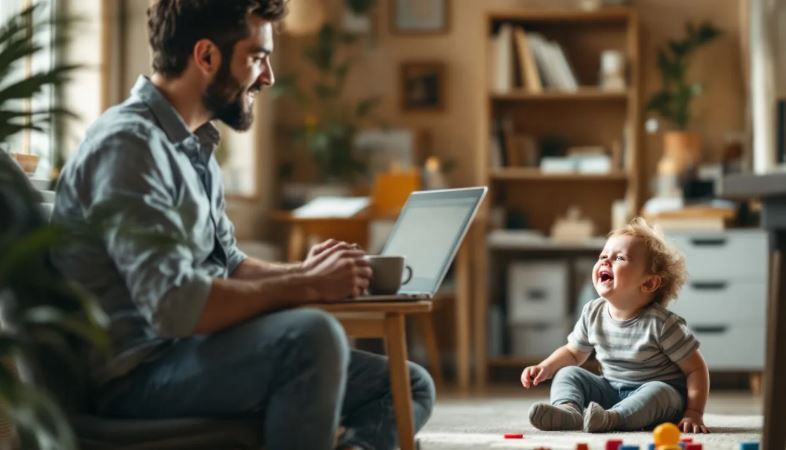 A parent is focused on their laptop, managing work-related tasks, while a child plays nearby, highlighting the balance between family responsibilities and work life. This scene reflects the reality of working parents juggling their professional commitments and family life in a supportive home environment.